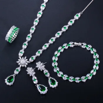 BeaQueen elegancki 4szt ślubne zestawy biżuterii zielony CZ Kryształ kolczyki naszyjnik bransoletka i pierścionek zestaw kobiet sukienka akcesoria JS258