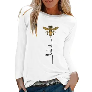 Bee Printing T-shirts Women Long Sleeve Graphic Tees Streetwear White Round Neck estetyczne ubrania modne topy dla kobiet Panie