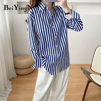 Beiyingni Stripe bluzki damskie temat oversize z długim rękawem Harajuku OL koszule damskie bluzki 2020 modne eleganckie Blusas Mujer odzież wierzchnia