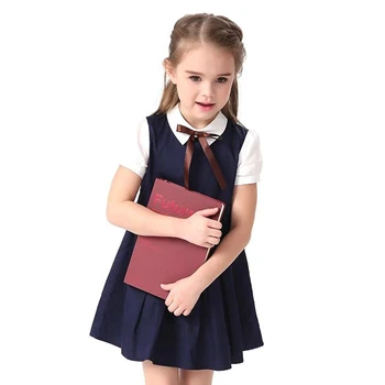 Big Girl Summer Dresses Bowknot Kids Dress mundurki szkolne niebieski kolor khaki bawełna 2017 Księżniczka poprawiny dla 4-14 lat