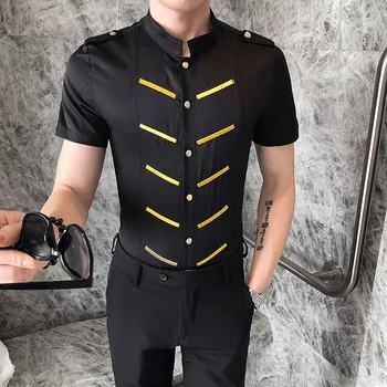 Brytyjski styl letnia koszula z krótkim rękawem męska moda 2020 stoisko kołnierz Slim Fit męskie koszule klub nocny robocza koszula osób 5XL