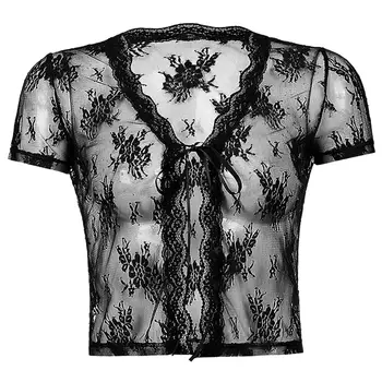 Brązowy vintage Y2K Koronki skrócony top z krótkim rękawem See Through Sexy Mesh Woman t-shirt V neck koronki kwiat ubrania