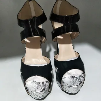 Buty SHOFOO, słodkie sexy buty damskie , czarna skóra wężowa open toe, błyskawica, sandały na wysokim obcasie 14,5 cm, sandały Damskie.