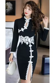 COIGARSAM Cheongsam z pełnym rękawem Bielizna jednolity strój koreański sukienki czarny 6966