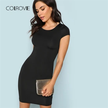 COLROVIE czarny solid Cap rękaw sukienka kobiety 2018 jesień elastyczna cienka sukienka dziewczyna elegancka Sukienka wieczorowa mini sukienka