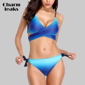 Charmleaks Kobiety Bikini Stroje Kąpielowe Zestaw Gradient Krzyż Strój Kąpielowy Połączony Bandaż Strój Kąpielowy Stroje Kąpielowe Bikini