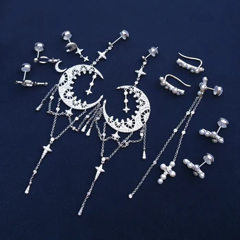Cheny s925 srebro września nowy naturalne perły pędzelkiem długi krzyż, gwiazda i Księżyc kolczyki, żeński, moda projektowania wysokiej klasy
