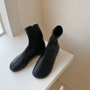 Czarna buty dla kobiet pojedyncze buty okrągła głowa proste boczne zamki krótkie buty miękka skóra cienka niski obcas modne buty