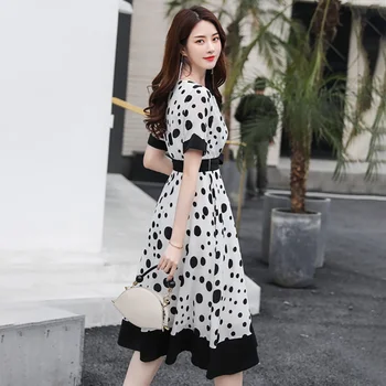 Czarno-Białe Kropki Sukienka Vintage Letnie Kobiety Kwiatowy Print Z Krótkim Rękawem Retro Szlafrok Sukienki