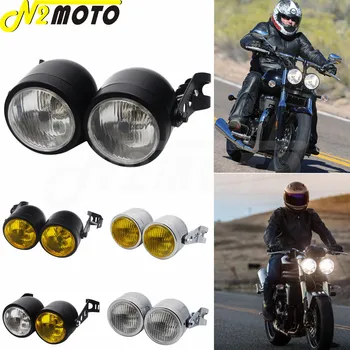 Czarny Motocykl Cafe Racer Retro Podwójny Uchwyt Reflektora Wtyk Podwójny Podwójny Głowy Lampa Do Harley Dyna Bobber Dual Sport Dirt Bikes