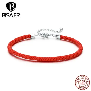 Czerwona lina bransoletki BISAER 925 srebro próby szczęśliwa czerwona lina łańcucha bransoletki nadają się do koralik bransoletki DIY biżuteria srebrna ECB166