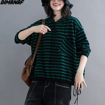 DIMANAF 2020 plus-size kobiety bluzy z kapturem w paski Batwing rękawem przewodnik sweter codzienne dzianina bawełniana jesień nowe koszulki