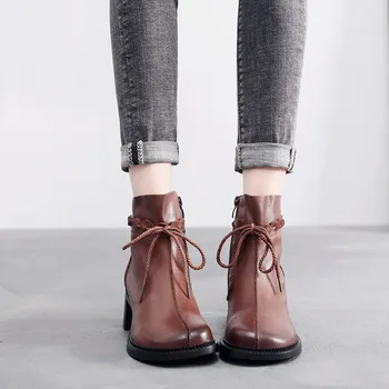 DRKANOL New Fashion Boots Women wiosna jesień ręcznie z naturalnej skóry botki na grubym obcasie dla kobiet retro skórzane buty