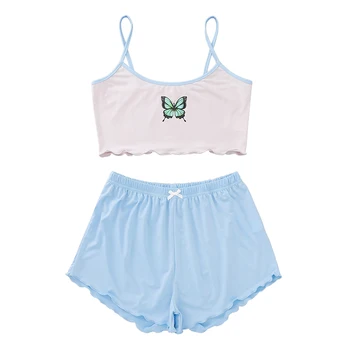 Damska piżama zestaw bez rękawów skrócony top i szorty zestaw z dwóch części motyl niebieska letnia Piżama dla dziewczynek