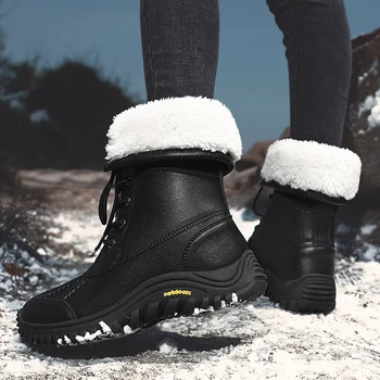 Damska zimowa pluszowe podszewka przytulne podeszwa zewnętrzna z gumy do połowy łydki sznurowane Casual buty koronki Czarna turystyczne buty Damskie buty rakiety śnieżne