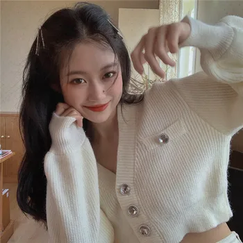 Damski Sweter Z Dzianiny Sweet Women Solid Long Sleeve V-Neck Однобортная Koreańskiej Kurtki Bluzki Swetry