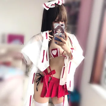 Damskie Anime Medium Cosplay Stroje Japońskie Kimono Czarownica Strój Sexy Bikini Bielizna Zestaw Sexy Kostiumy Na Halloween Fetysz