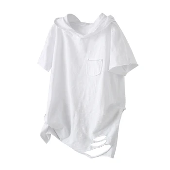 Damskie bawełniane topy t-shirt koszulki dla pań z kapturem poszarpane otwory temat duże modne dorywczo na lato 60042