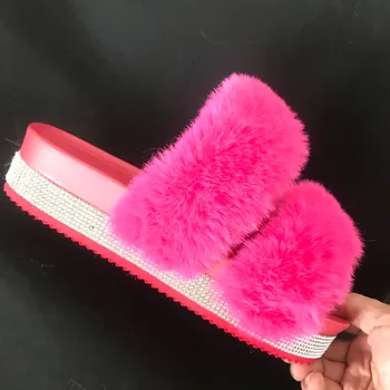 Damskie futrzane kapcie na platformie puszyste puszyste modne buty na platformie na świeżym powietrzu, obuwie domowe Damskie japonki slajdy dla kobiet 2020 sprzedaż Hurtowa