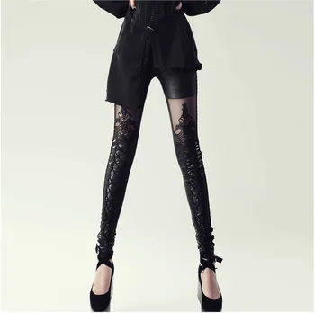 Damskie legginsy 2019 moda wysokiej jakości punk czarny skóra ekologiczna gotycki koronki szwy legginsy damskie cienkie skórzane spodnie Capri