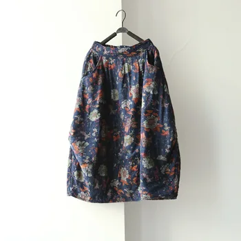 Damskie nowe zimowe elastyczne spódnice z kieszeniami kwiatowy print motyl temat casual spódnice w stylu chińskim kwiatowy