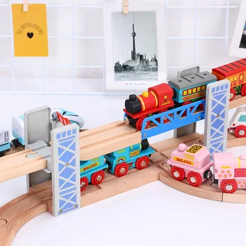 Drewniane tory kolejowe zabawki zestaw drewniany dwupiętrowy most drewniane akcesoria estakada model zabawki dla dzieci, prezenty dla dzieci