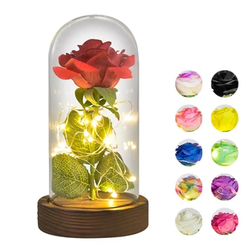 Dropshipping czerwony/ biały/ czarny Wieczny kwiat róży w szklanej kopule z podświetleniem led drewniana podstawa Walentynki prezenty dla kobiet