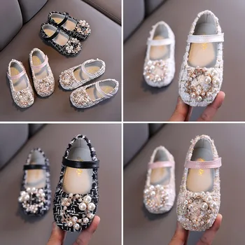 Dzieci dziewczyny perły Kryształ Księżniczka buty 2021 nowa suknia ślubna antypoślizgowe sztuczna skóra płaskie buty taneczne dla dzieci