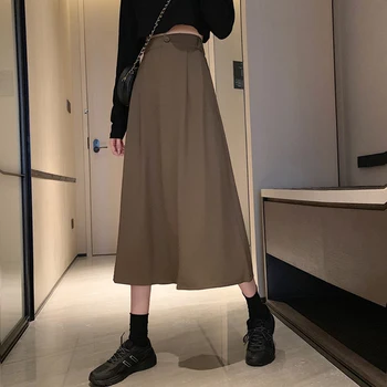 Długie Spódnice Dla Kobiet 2020 Jesień Koreańskiej Wysoka Talia Stałe Maxi Spódnica Trapez Casual Szczupła Talia Miękkie Temat Spódnice