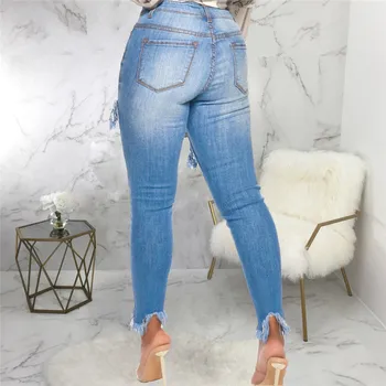 Długie frędzle dżinsy kobiety wysokiej talii wąski ołówek niebieski denim spodnie bielone wypłukane odcinek przycisk sexy dżinsy kobiety plus size S-3X