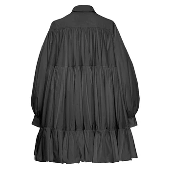[EAM] kobiety czarny karbowany temperament sukienka nowa klapa długi przekładany rękaw luźny krój moda przypływ wiosna jesień 2021 1DD3086