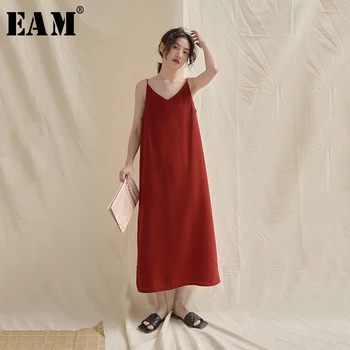 [EAM] kobiety czerwony Krótki temperament pasek spaghetti nowa sukienka V-neck bez rękawów luźny krój moda przypływ wiosna lato 2021 1U774
