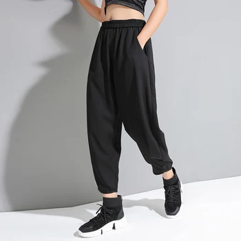 [EAM] wysoka elastyczna talia czarne plisowane długie spodnie nowe temat spodnie damskie moda Tide wiosna lato 2021 1U320