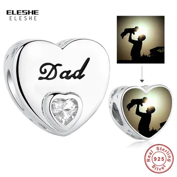 ELESHE Custom Photo 925 srebro koraliki miłość tato serce Urok Fit oryginalna bransoletka naszyjnik DIY biżuteria prezent na Dzień ojca