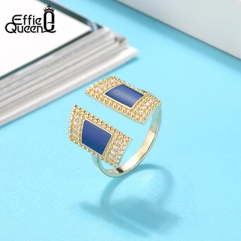 Effie Queen niepowtarzalny design niebieski emalia regulowany unisex pierścień błyszczący obiekt, w luksusowym duży pierścień złoty kolor 925 srebrny pierścień prezent biżuteria EQR05