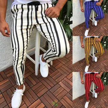 Eleganckie męskie pionowe paski z nadrukiem Sznurek Skinny Pencil spodnie sportowe spodnie Męskie uliczne modne oddychające spodnie All-match