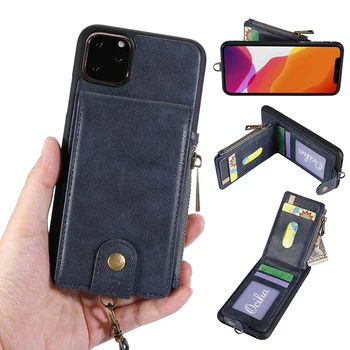 Etui do iPhone 8 7 6S Plus Fashion zipper Leather Phone Case Card Holder Wallet Cover for iphone 11 PRO XS MAX XR Lanyard Coque