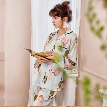 FENTENG jesień piżamy dla kobiet moda temperament kwiatowy print piżamy bielizna nocna kobiety zestaw domowy strój J98132752
