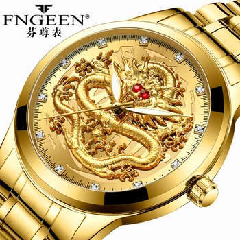 FNGEEN Mens Top Luxury Brand Gold Men zegarki mechaniczne Life Wodoodporny Dragon Face męskie zegarki męskie zegarki na Rękę saat erkek