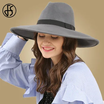 FS Elegant Big Black Hat Large Rondem Fedoras wełniana фетровая kapelusz kobiety cebula Panama Cap Australian Ladies Trilby Hat jesień casual Chapeu