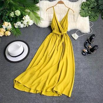 FTLZZ Maldives Holiday Dress Sexy Backless Straps V-neck Dress Women Solid Color Thai Seaside Maxi Long Big Swing Fairy Dress