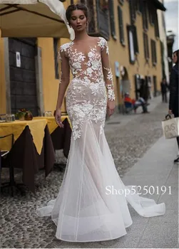 Fantastyczny tiul 3D koronki aplikacja See Through Syrena suknie ślubne z długimi rękawami sukni ślubnej vestidos de novia sencillos