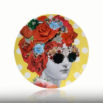 Flora Lady przednia płyta Vintage różnorodność portret dekoracyjne podwieszane płyta ceramiczna okrągła głowa i kwiat danie rysunek płytki dekor