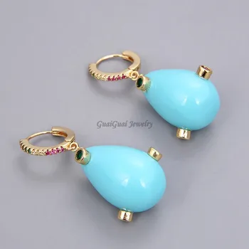 GG Jewelry Teardrop White Blue Sea Shell Pearl Mixed color Cz Pave back Lever kolczyki