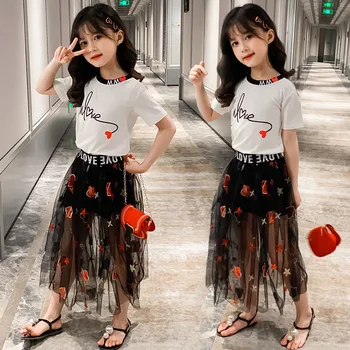 Girls Clothes Set 2020 Summer Cotton Letter T-Shirt + Gauzy Skirt 2 Pieces Sets Kid Outfits Fashion Baby Girls Clothing Suit