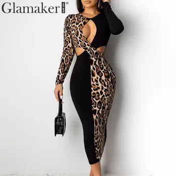 Glamaker hollow leopard print sukienka midi kobiety o szyi wysoka talia wiosenna sukienka Lato sexy elegancka impreza klub sukienka vintage