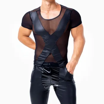 Gotyckie mężczyźni sztuczna sztuczna skóra koszulki mężczyźni sexy fitness Sheer Mesh Klubowa topy gej lateks partia koszulka męska sceniczne trójniki