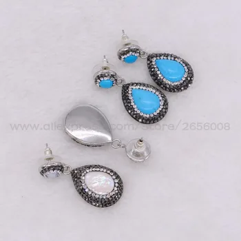 Handmade moda kolczyki-krople rhinestone utorować ogromny naturalny perłowy/Niebieski kamień kolczyki druzy kolczyki partii biżuterii 2138