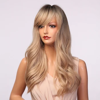 Henry МарГУ falisty długi syntetyczny brązowy blond ombre peruki dla kobiet, naturalny, Dzienny cosplay peruka z grzywką odporne włosy peruka