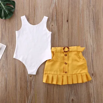 Hot moda 2szt dziecko Dzieci Dzieci dziewczyny zestawy ubrań bez rękawów jednolity kamizelka kombinezon Żółta spódnica Plisowana letni zestaw ubrań